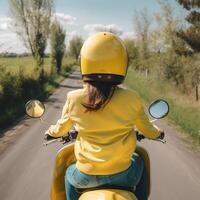 A woman is riding a yellow motorcycle Generative AI Generated photo