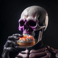 A skeleton is eating a donut Generated photo