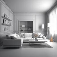 A living room with a white couch and a coffee table Generated photo