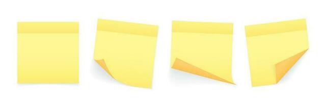 Collection of yellow colored sheets of note papers with curled corner and shadow, ready for your message. Realistic. Isolated on white background. Set. Vector illustration