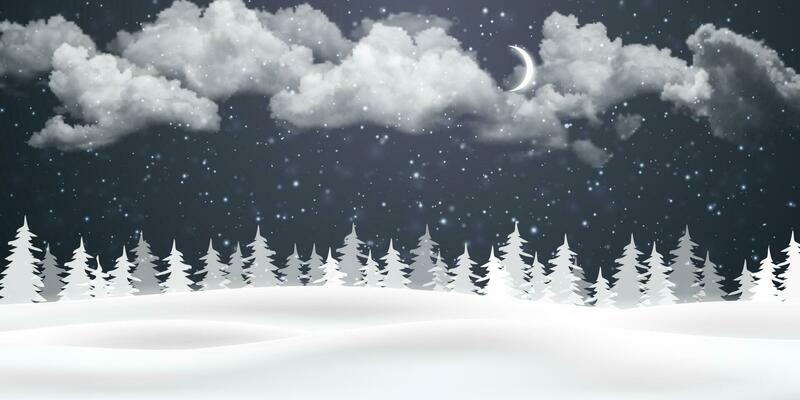 Christmas night background with clouds, moon and falling snow. Winter landscape. Vector illustration