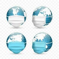 Earth globe in medical face mask. World map set. Vector Illustration