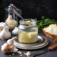 A jar of garlic butter with a spoon Generated photo