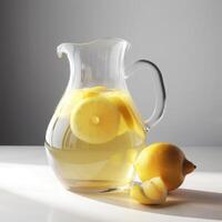 A pitcher of lemonade with a lemon Generated photo