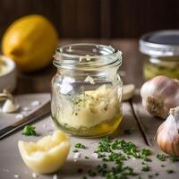 A jar of garlic butter with a lemon Generated photo