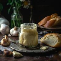 A jar of garlic butter sits on a table Generated photo