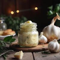 A jar of garlic butter Generated photo