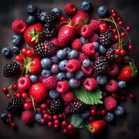 A bowl of red and blue berries Generative AI Generated photo