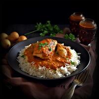 A bowl of chicken curry with rice and lemons Generated photo