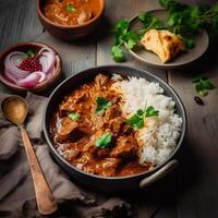 A bowl of chicken curry with rice and red onions. Generated photo