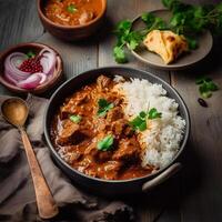 un cuenco de pollo curry con arroz y rojo cebollas. generativo ai generado foto