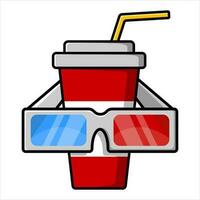 A glass with a drink and 3D glasses. Vector illustration.