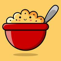 Image of a smiling kawaii porridge with raisins in a red bowl. Vector illustration.