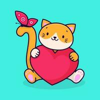 A cute cartoon ginger cat holds a pink heart in its paws. Cat and butterfly. Vector illustration.