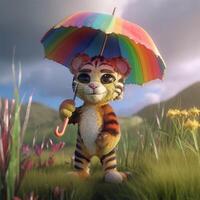 A stuffed animal with a rainbow umbrella Generated photo