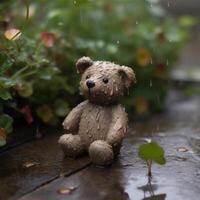 un pequeño osito de peluche oso se sienta en el lluvia generativo ai generado foto