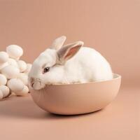 A rabbit sits in a bowl with eggs Generated photo