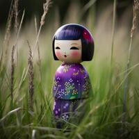 A doll in a field of tall grass with a purple dress Generated photo