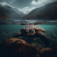 A turtle swimming under a mountain Generated photo