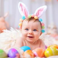 un bebé vistiendo conejito orejas generativo ai generado foto