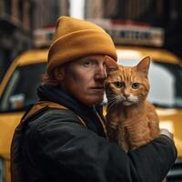 un hombre participación un gato en frente de un Taxi generativo ai generado foto