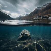 A turtle is swimming under water Generated photo