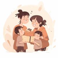 A mother and two children holding a box Generated photo