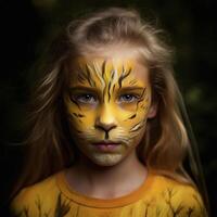 un niña con un Tigre cara generativo ai generado foto