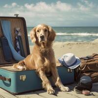 A dog sits in a suitcase with a hat Generated photo