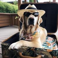 un perro vistiendo un sombrero y Gafas de sol generativo ai generado foto