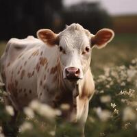 un vaca es en pie en un campo de flores generativo ai generado foto