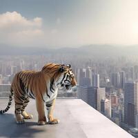 A fake tiger statue is on a ledge Generated photo