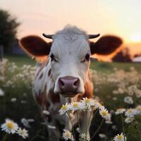 un vaca es en pie en un campo de flores generativo ai generado foto