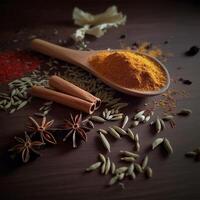 A wooden spoon with turmeric and other spices Generated photo