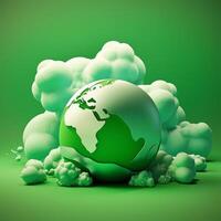 A green background with a globe and clouds Generated photo