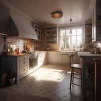 A kitchen with a large window Generated photo