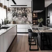 A black and white kitchen with a large wall behind Generated photo