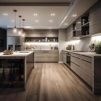 un cocina con un grande isla con un de madera parte superior generativo ai generado foto