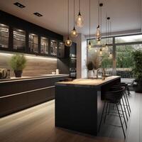 A kitchen with a large island with three lights Generated photo