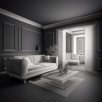 A room with a couch and a table with pillows Generated photo