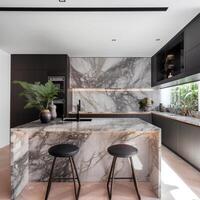 A kitchen with a black and white marble and two stools Generated photo