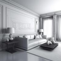 A white room with a couch and a lamp Generated photo