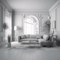 A white living room with a couch Generated photo