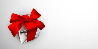realista regalo caja con rojo arco aislado en gris antecedentes. vector ilustración