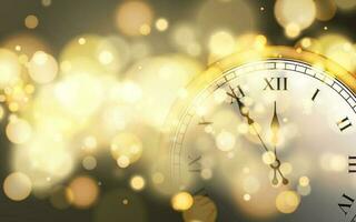 New Year poster with old circle clock and bright bokeh effect. Festive magic luminous background. Holiday design for Christmas. Vector illustration