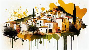 Rural Mediterranean town. Illustration. photo