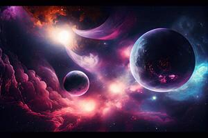 espacio antecedentes con nebulosa y ficticio planetas generativo ai foto