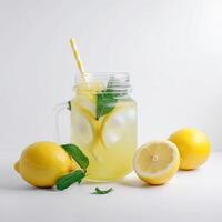 A glass jar of lemonade with a straw Generated photo