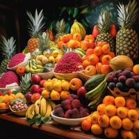un mesa con varios diferente frutas generativo ai generado foto