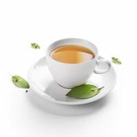 un taza de té se sienta en un platillo con hojas generativo ai generado foto